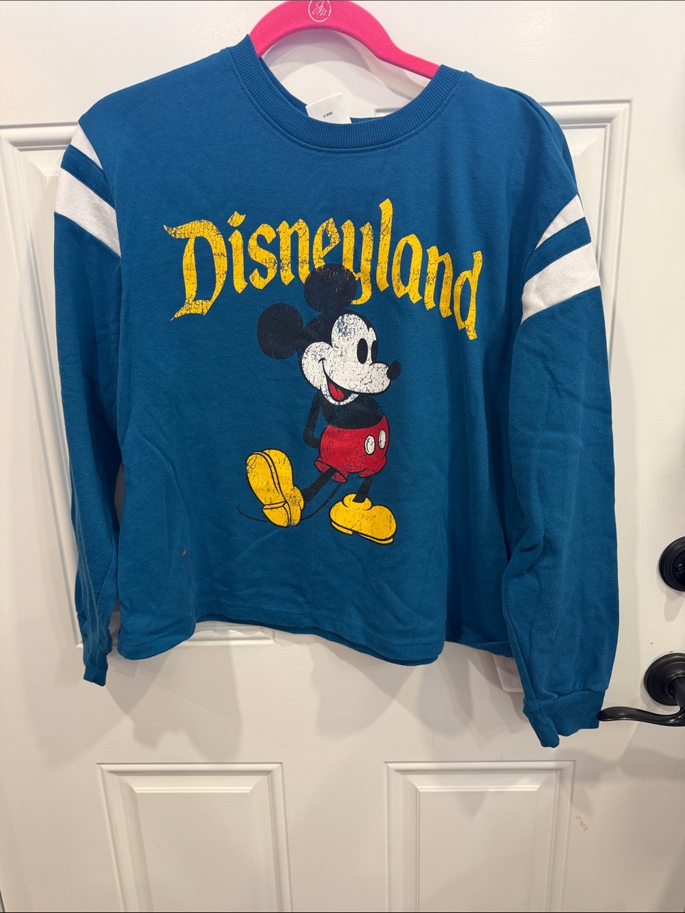 Disney Teal Blue Mickey Graphic Crewneck Sweatshirt with Yellow Accents